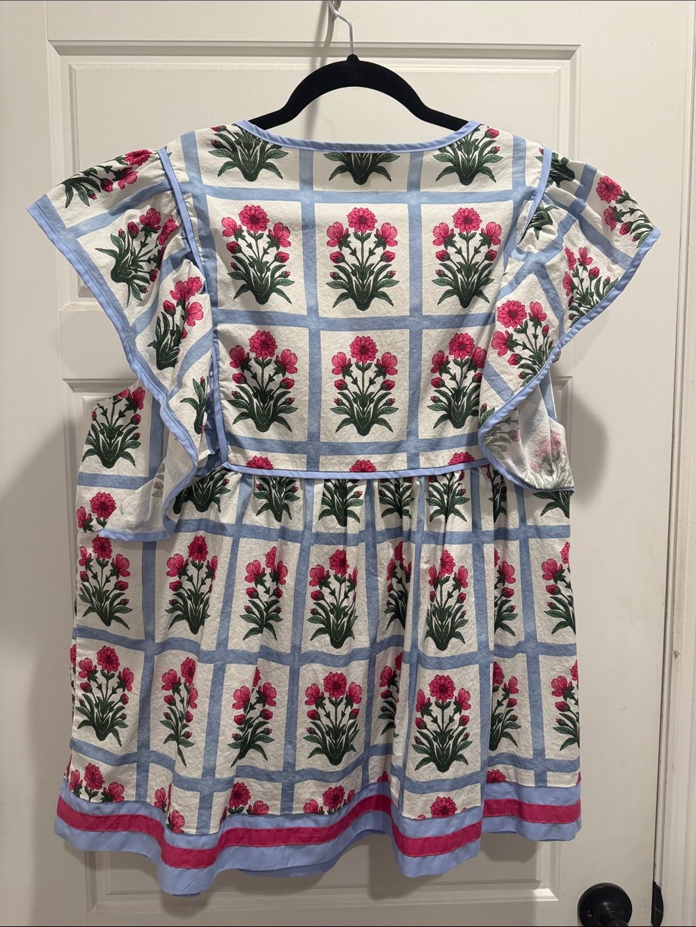 Boutique Entro Pink Floral Smocked Tunic with Blue Trim - Picture 4 of 4